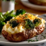 Delicious Broccoli Cheddar Stuffed Potatoes served with fresh broccoli and cheese