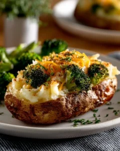 Delicious Broccoli Cheddar Stuffed Potatoes served with fresh broccoli and cheese