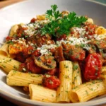 Delicious bowl of Brooklyn Girl's spicy penne pasta topped with herbs.