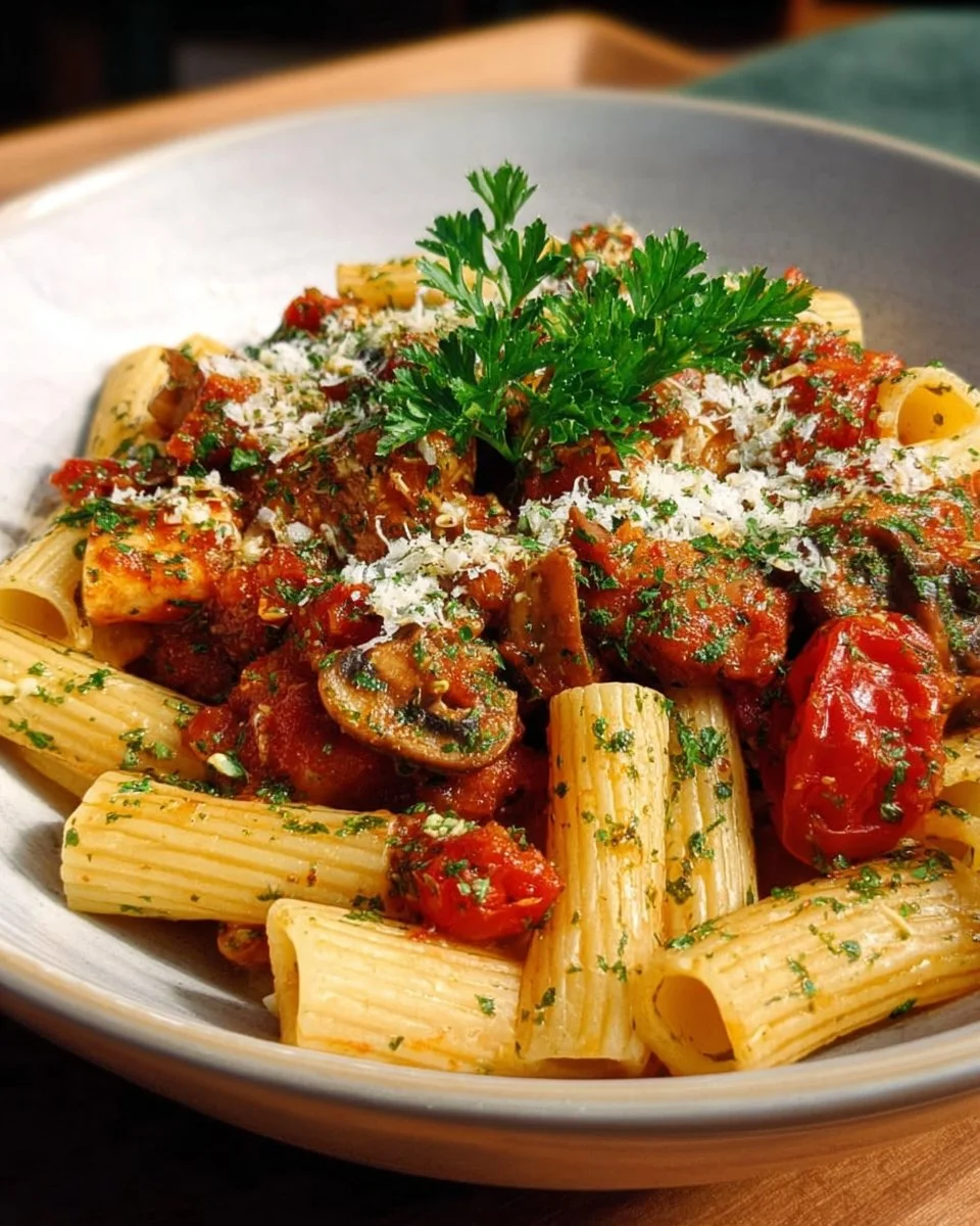 Delicious bowl of Brooklyn Girl's spicy penne pasta topped with herbs.