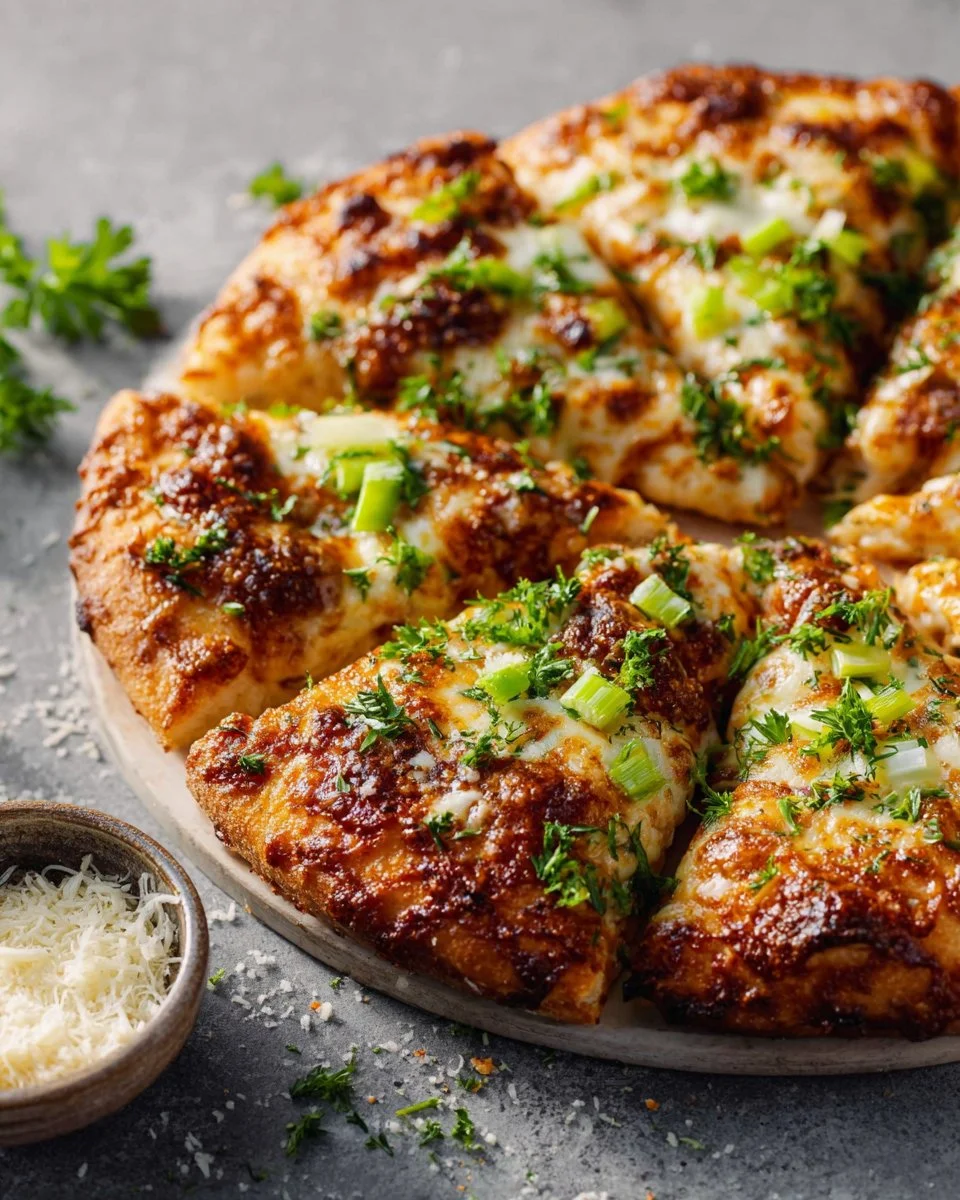 Buffalo-Style Chicken Pizza with spicy sauce and melted cheese