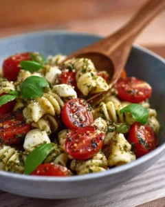 Caprese Tortellini Pasta Salad topped with fresh tomatoes and basil