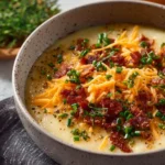 Bowl of creamy cheddar cheese potato soup garnished with chives