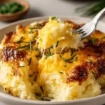 Cheddar Mashed Potato Bake topped with melted cheese and herbs