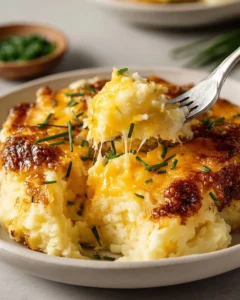 Cheddar Mashed Potato Bake topped with melted cheese and herbs