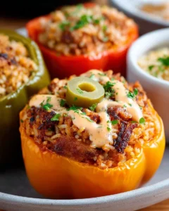 Cheeseburger stuffed peppers filled with ground beef and cheese