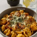 Delicious cheesy chicken pasta with creamy sauce and fresh ingredients