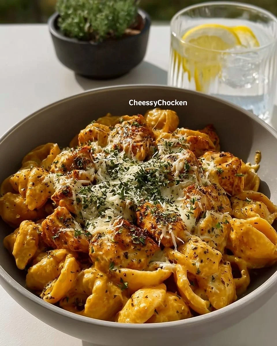 Delicious cheesy chicken pasta with creamy sauce and fresh ingredients