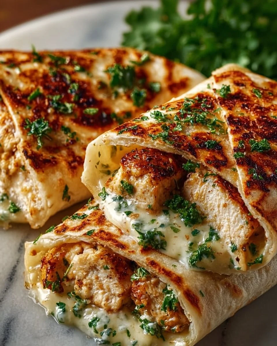 Cheesy garlic chicken wraps with fresh ingredients ready to eat