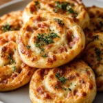 Cheesy ham and spinach pinwheels arranged on a platter for serving