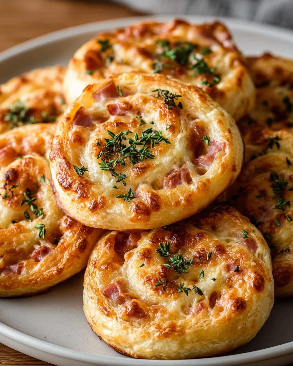 Cheesy ham and spinach pinwheels arranged on a platter for serving