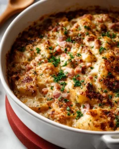 Cheesy ham and potato casserole served in a baking dish
