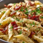 Delicious Cheesy Ranch Chicken Pasta served with fresh herbs