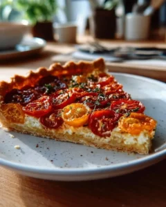 Delicious cherry tomato tart topped with fresh basil leaves