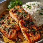 Coconut Curry Salmon with Garlic Butter served on a plate
