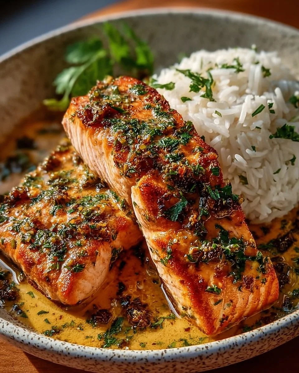 Coconut Curry Salmon with Garlic Butter served on a plate