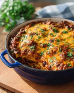 Delicious Cowboy Chili Lasagna served in a rustic dish with cheese and chili toppings.