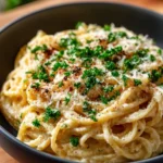 Plate of creamy garlic parmesan spaghetti with herbs and cheese