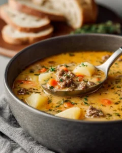 Bowl of creamy hamburger potato soup garnished with herbs and spices