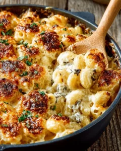 Creamy mushroom pasta bake topped with herbs and cheese, served in a baking dish
