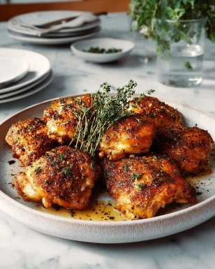 Crispy baked chicken thighs seasoned to perfection and served on a plate.