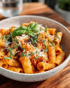 Plate of easy spicy chicken rigatoni pasta ready in 30 minutes.