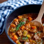 Bowl of easy beef and vegetable stew with fresh herbs on top.
