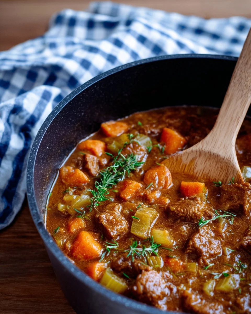 Bowl of easy beef and vegetable stew with fresh herbs on top.