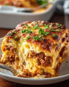 A mouthwatering easy beef lasagna bake with layers of pasta, meat, and cheese.