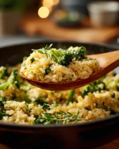 Bowl of easy broccoli cheese rice with melted cheese and fresh broccoli