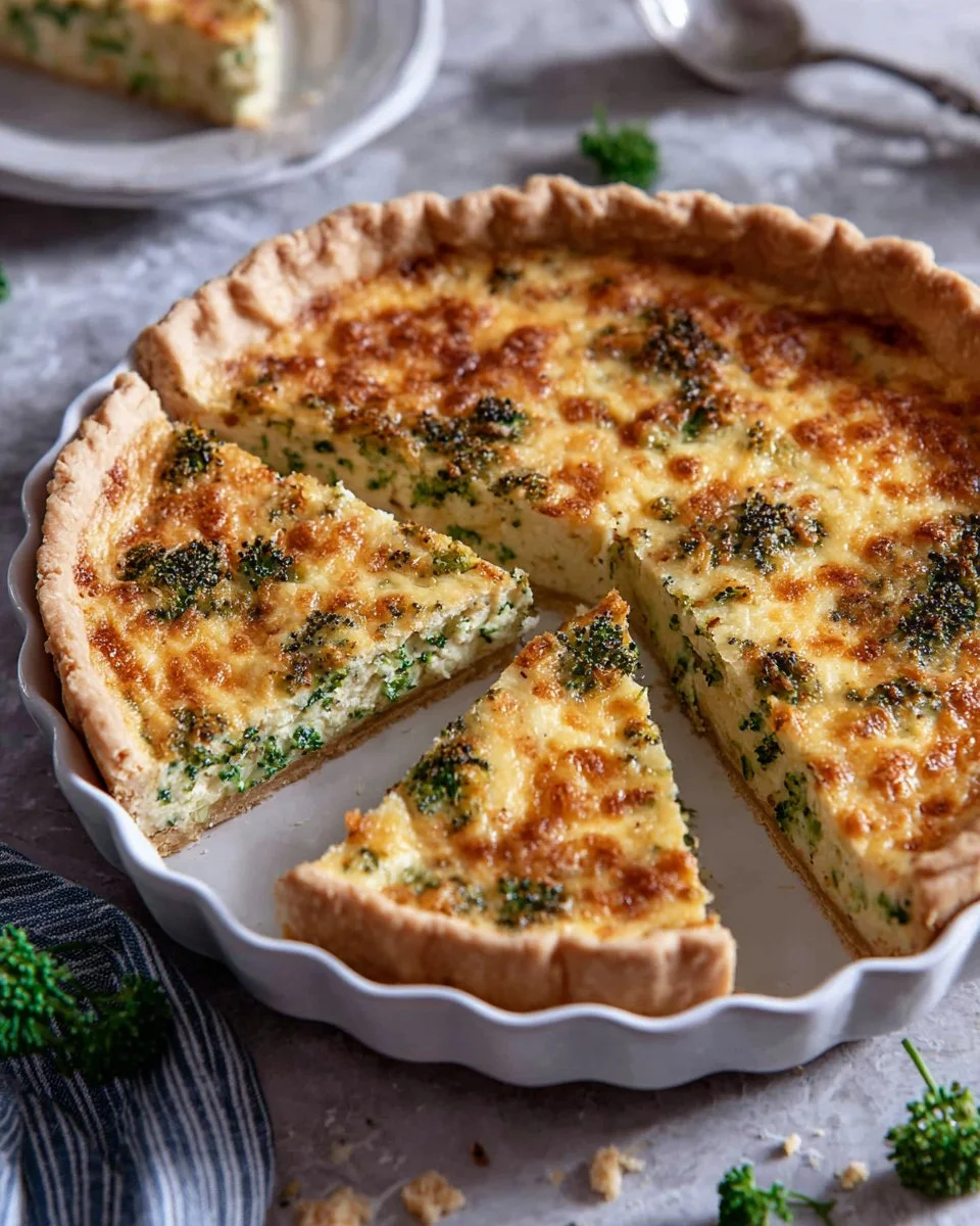 Easy broccoli quiche baked until golden and served on a white plate.