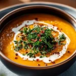 Creamy butternut squash soup with sweet potatoes in a bowl, garnished with herbs.