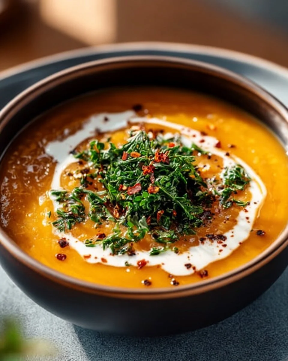 Creamy butternut squash soup with sweet potatoes in a bowl, garnished with herbs.