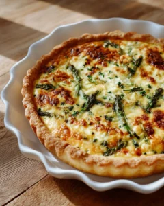 Delicious ham asparagus quiche with sharp cheddar cheese, perfect for brunch.
