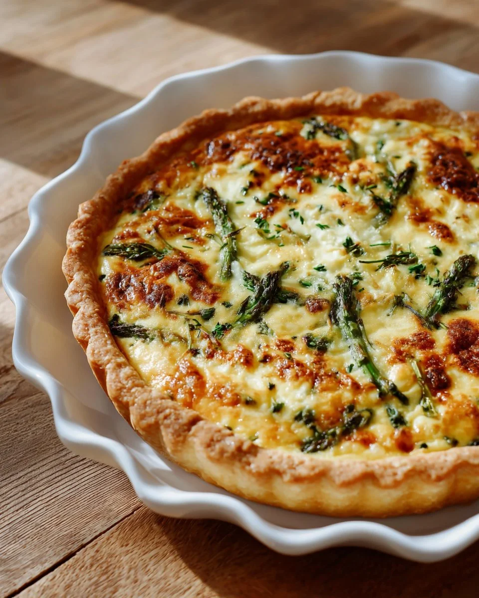 Delicious ham asparagus quiche with sharp cheddar cheese, perfect for brunch.
