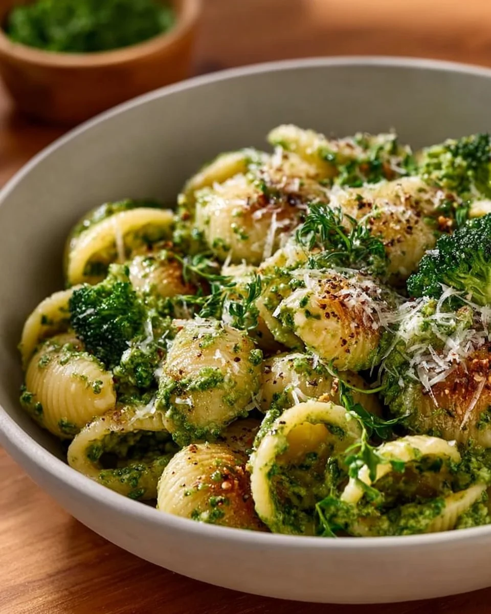 Bowl of easy healthy broccoli pasta topped with parmesan cheese