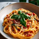 Delicious easy one pot creamy tomato pasta topped with fresh basil