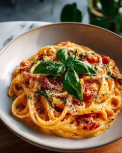Delicious easy one pot creamy tomato pasta topped with fresh basil