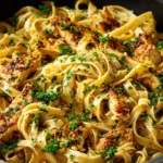 Delicious bowl of easy spicy chicken pasta topped with herbs and chili flakes.