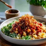 Delicious plate of Egyptian Koshari with rice, lentils, and pasta