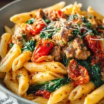 A plate of five ingredient pasta with sausage and spinach, ready to serve.