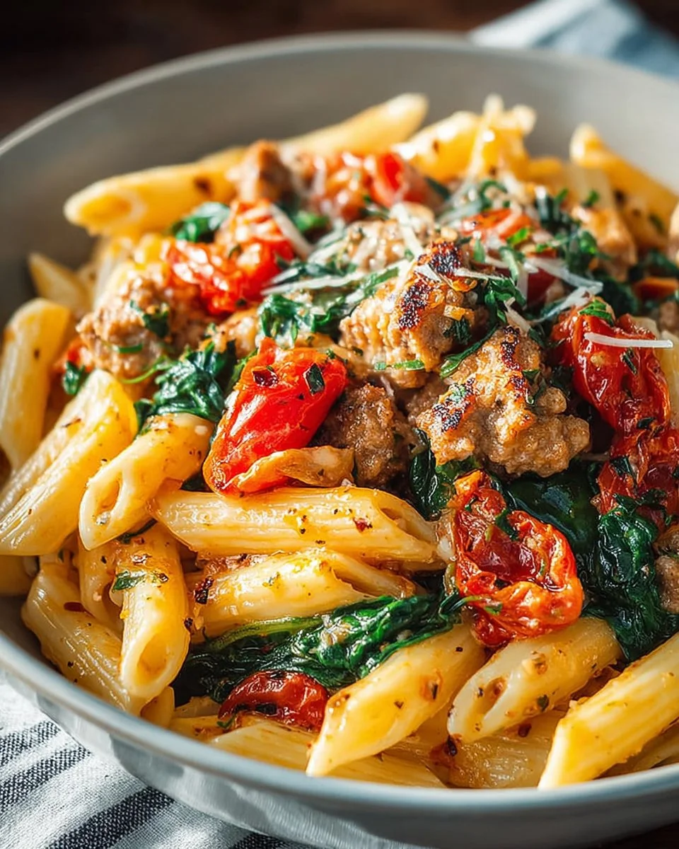 A plate of five ingredient pasta with sausage and spinach, ready to serve.