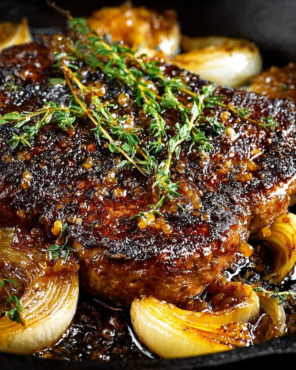 Juicy Garlic Herb Butter Steak garnished with fresh herbs and garlic