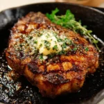 Juicy garlic butter ribeye steak served on a plate with herbs and spices