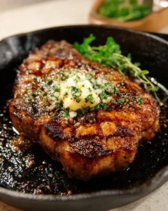 Juicy garlic butter ribeye steak served on a plate with herbs and spices