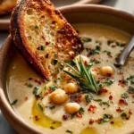 Delicious bowl of Garlic Chickpea Soup garnished with herbs and spices