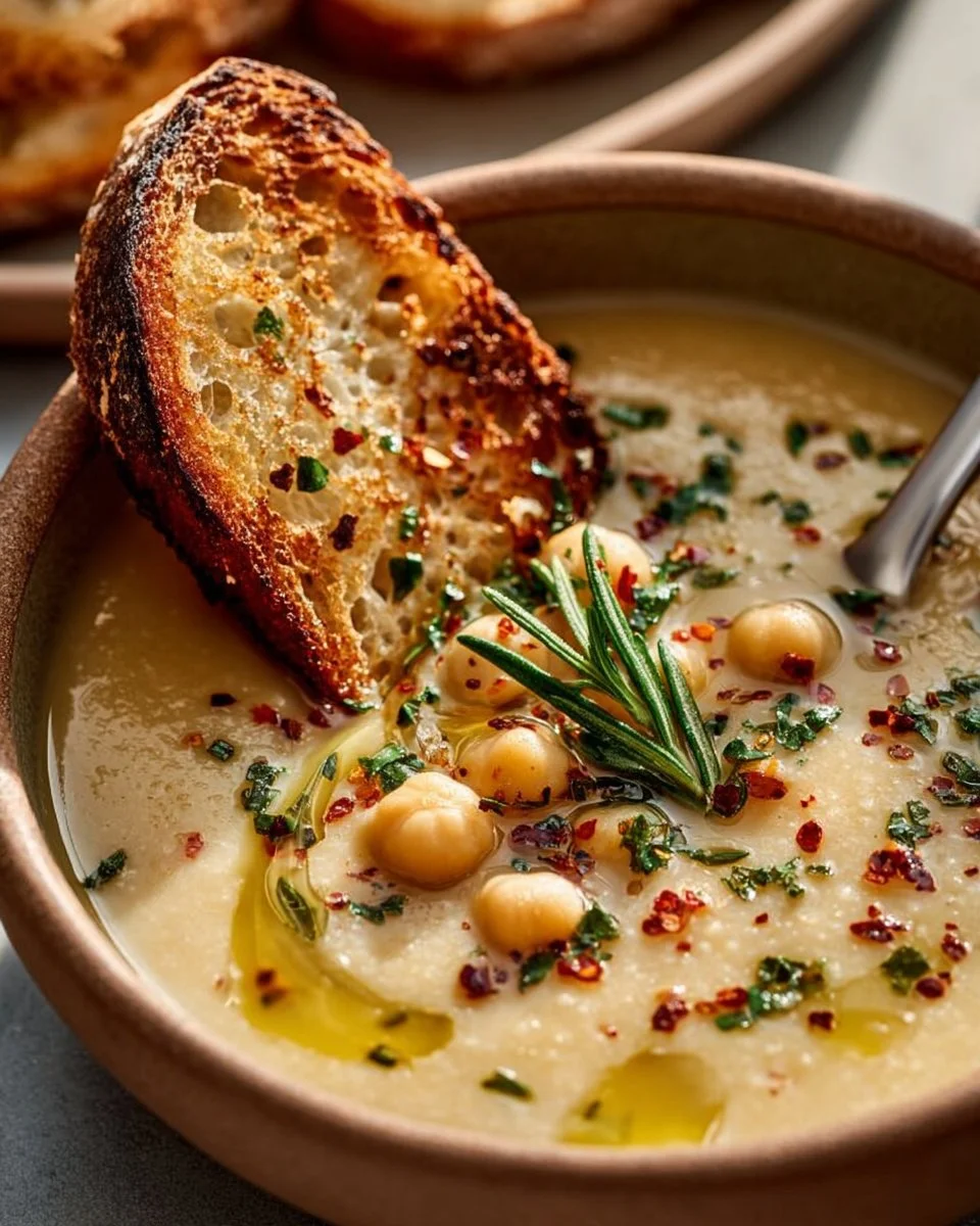 Delicious bowl of Garlic Chickpea Soup garnished with herbs and spices