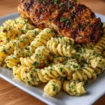 Delicious plate of Garlic Parmesan Chicken Pasta topped with herbs