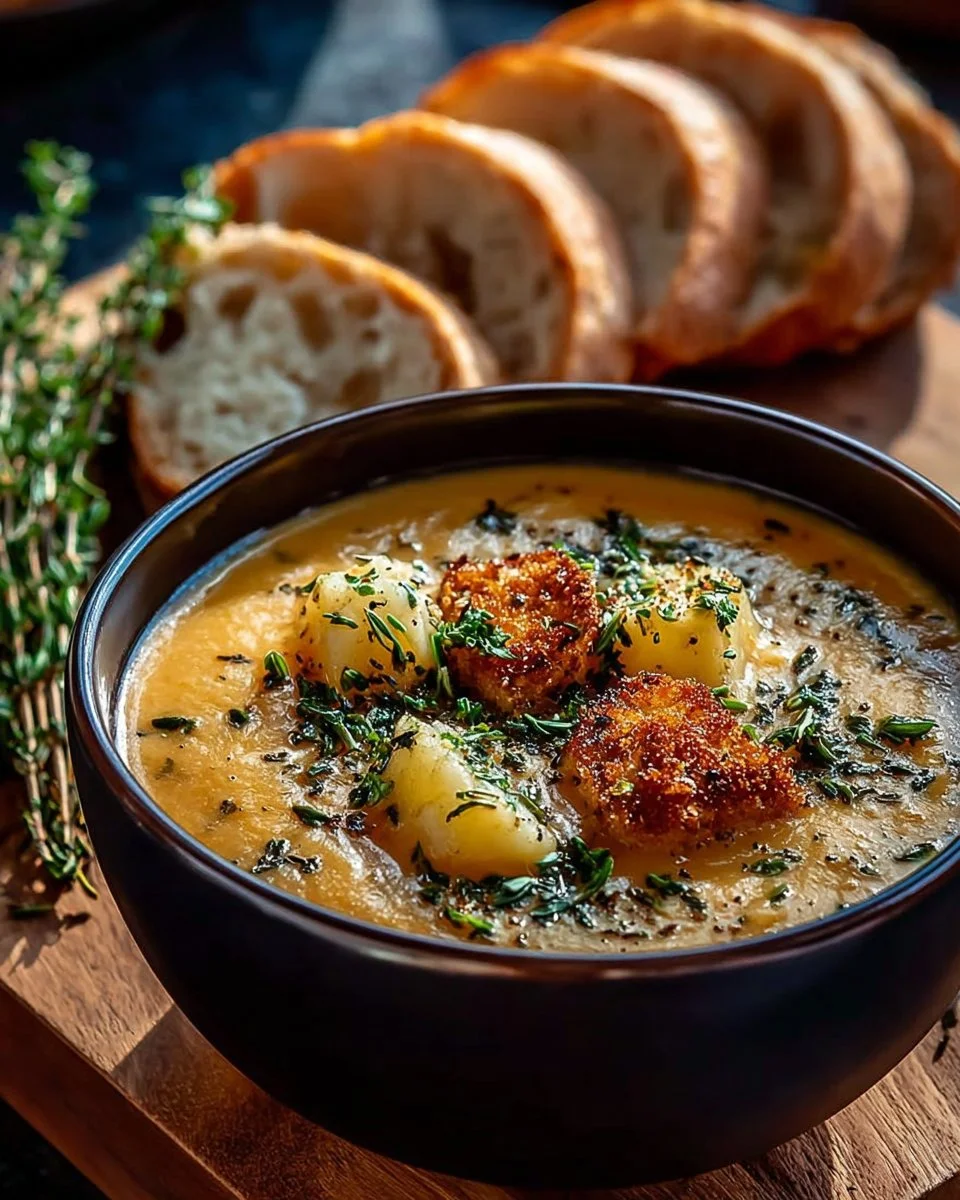 Bowl of hearty cheddar garlic herb potato soup topped with herbs.