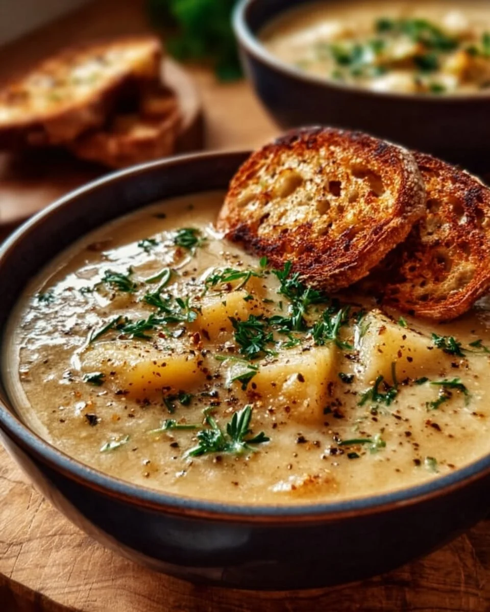 Bowl of hearty cheddar garlic herb potato soup topped with herbs and cheese